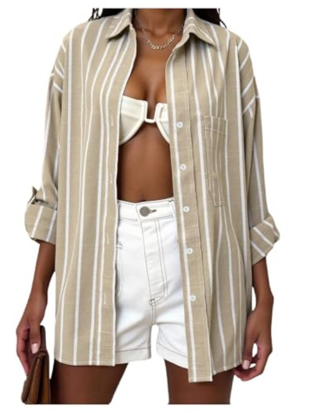 Oversized Striped Button Down Shirt for Women Long Sleeve Cotton Blend Blouse